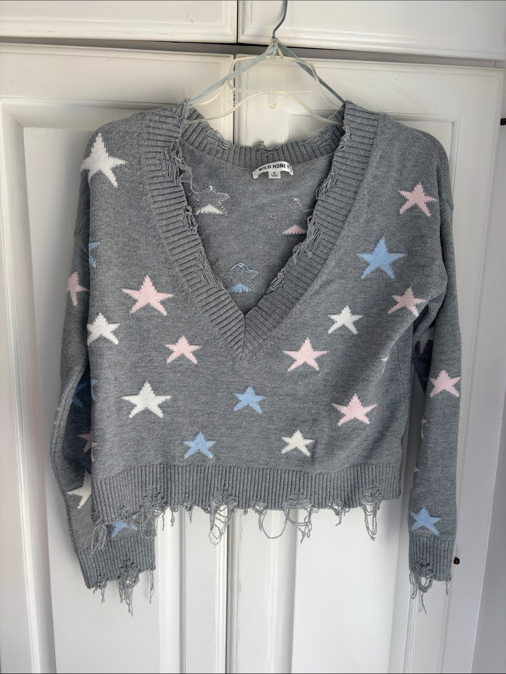 Wild Honey Gray V-Neck Star Sweater with Pink, White & Light Blue Stars